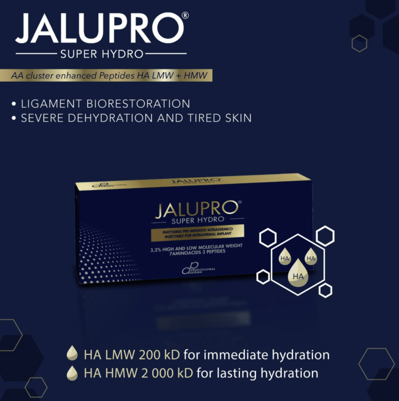 JALUPRO SUPER HYDRO - TIÊM TRẺ HÓA DA, NÂNG CƠ - Jalupro Super Hydro đến từ Thụy Sỹ với 80 mg Ha. Tinh chất chứa 7 loại axit amin, 3 phân tử peptide. Super Hydro Jalupro được sản xuất dưới dạng thuốc tiêm mang đến công dụng giúp nâng cơ trẻ hóa da, tăng cường tổng hợp Collagen có lợi và giải quyết triệt để các nếp nhăn ở khóe mắt, khóe miệng, nếp gấp ở cổ. THƯƠNG HIỆU: JALUPRO XUẤT XỨ: THUỴ SĨ DUNG TÍCH: 1 hộp x 2,5ml